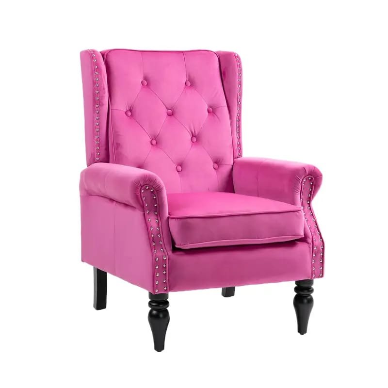 Modern Fuchsia Velvet Accent Chair with Tufted Padded Cushion, – Comfy Upholstered Armchair for Living Room or Bedroom, Soft Velvet Fabric, Wingback Design, Easy to Clean, Bedroom Accent Chair | Vibrant Decor Piece | Tufted Cushioning, Accent Chair for Living Room