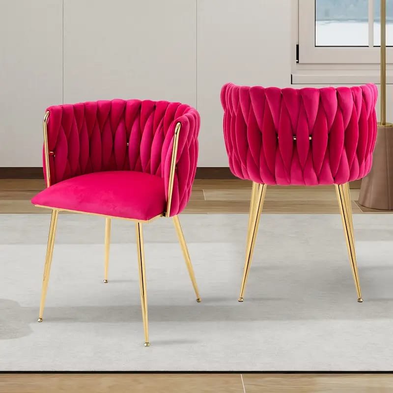 Dining Chairs, Woven Upholstered Dining Chairs With Golden Metal , Modern Accent Chairs For Living Room, Dining Room, Kitchen
