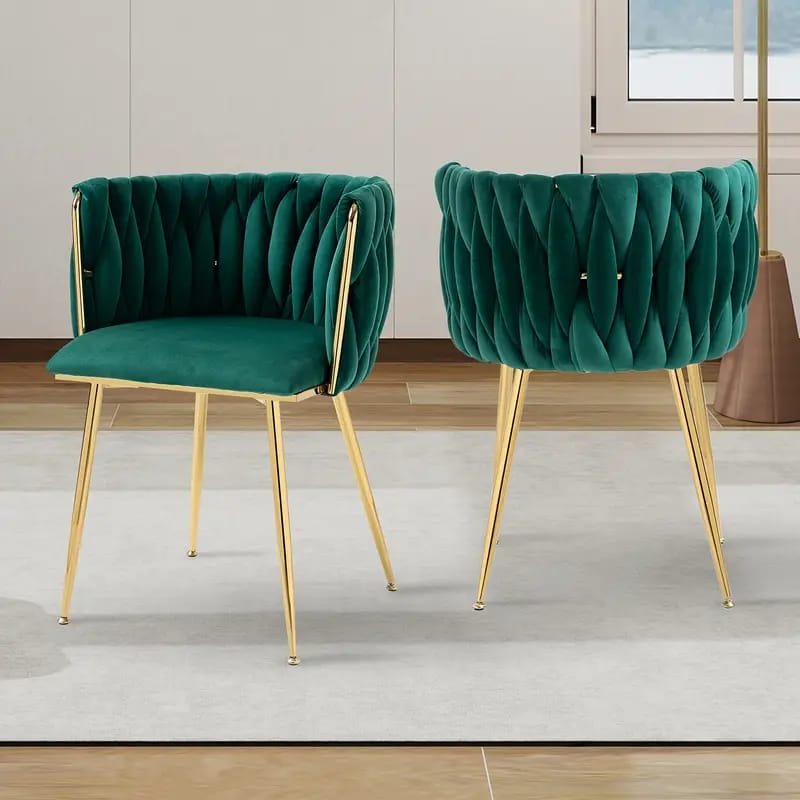 Dining Chairs, Woven Upholstered Dining Chairs With Golden Metal , Modern Accent Chairs For Living Room, Dining Room, Kitchen