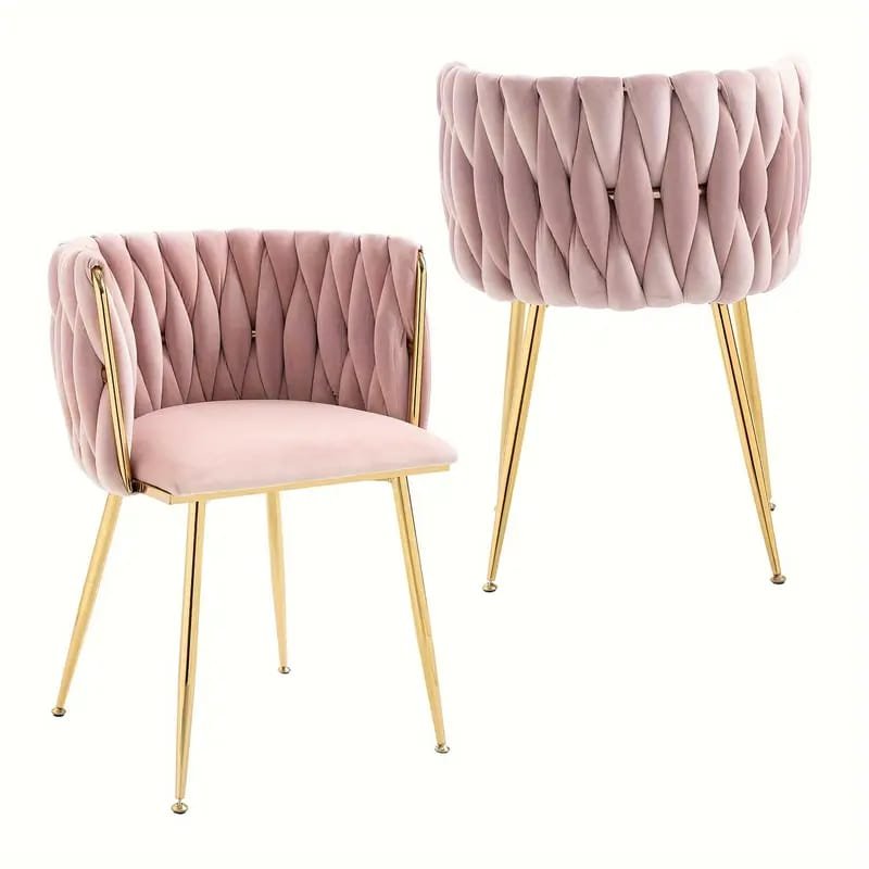 Dining Chairs, Woven Upholstered Dining Chairs With Golden Metal , Modern Accent Chairs For Living Room, Dining Room, Kitchen