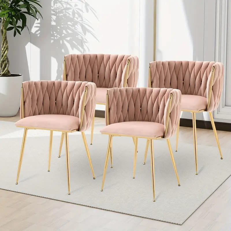 Dining Chairs, Woven Upholstered Dining Chairs With Golden Metal , Modern Accent Chairs For Living Room, Dining Room, Kitchen