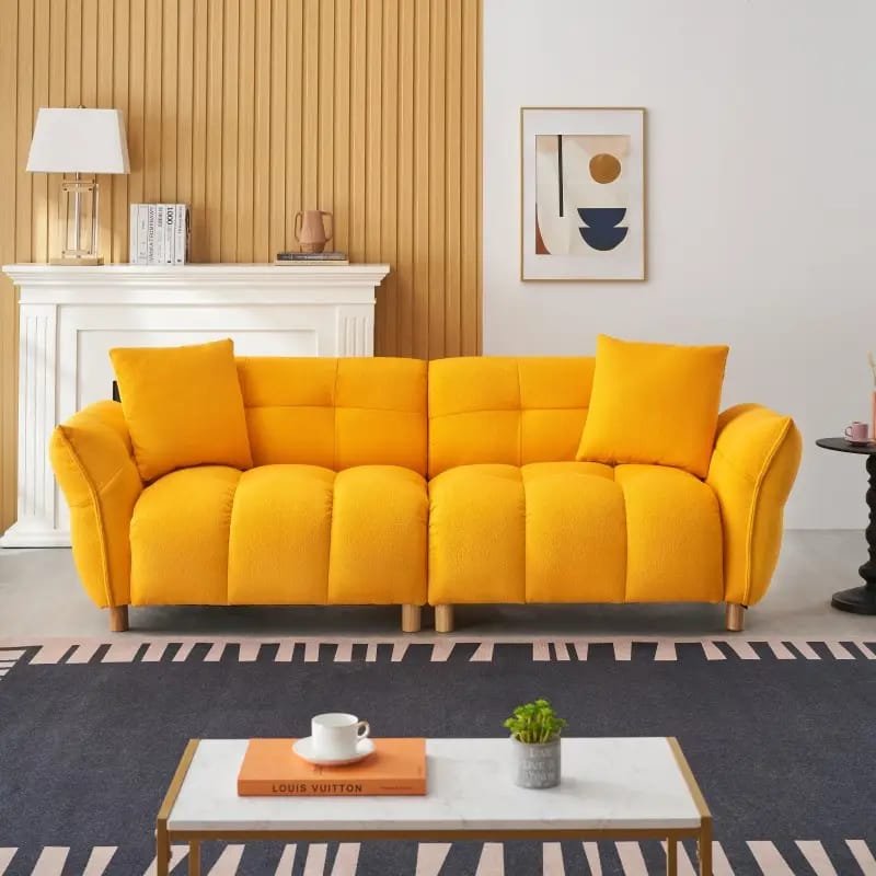 1pc ROORUNS Modern Teddy Sofa, Metal Frame, 93.70" Long Couch with 2 Pillows, 3 Seating Capacity for Apartment, Office, Living Room