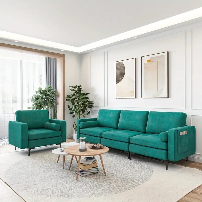 1pc ROORUNS Modern Teddy Sofa, Metal Frame, 93.70" Long Couch with 2 Pillows, 3 Seating Capacity for Apartment, Office, Living Room