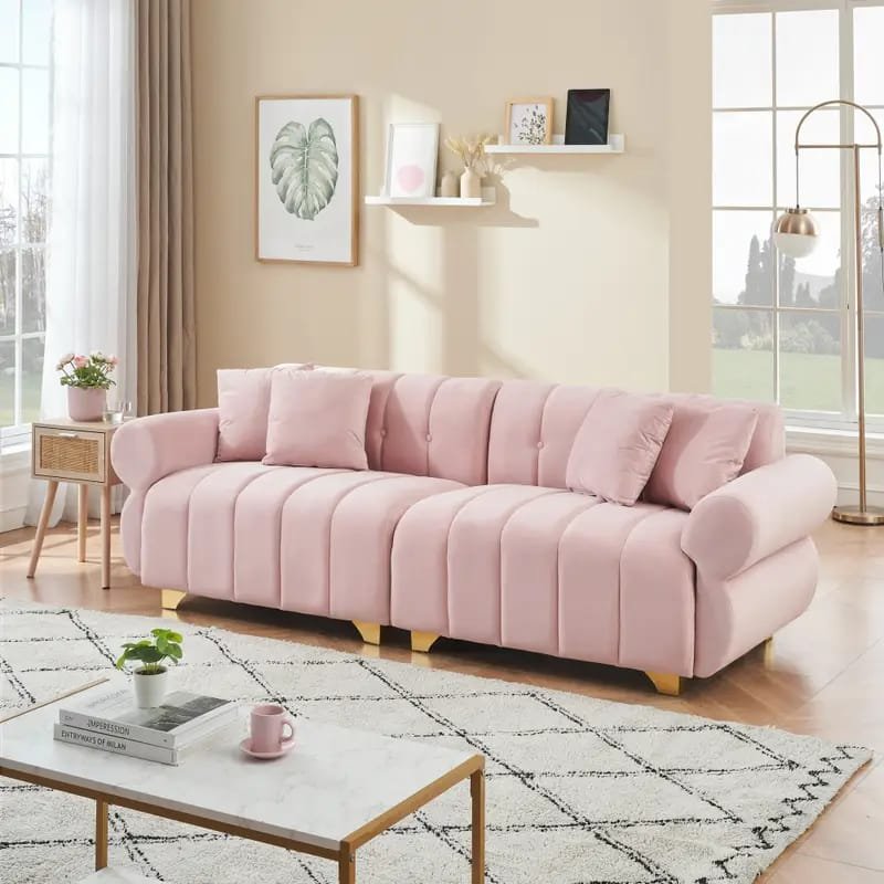 1pc ROORUNS Modern Teddy Sofa, Metal Frame, 93.70" Long Couch with 2 Pillows, 3 Seating Capacity for Apartment, Office, Living Room