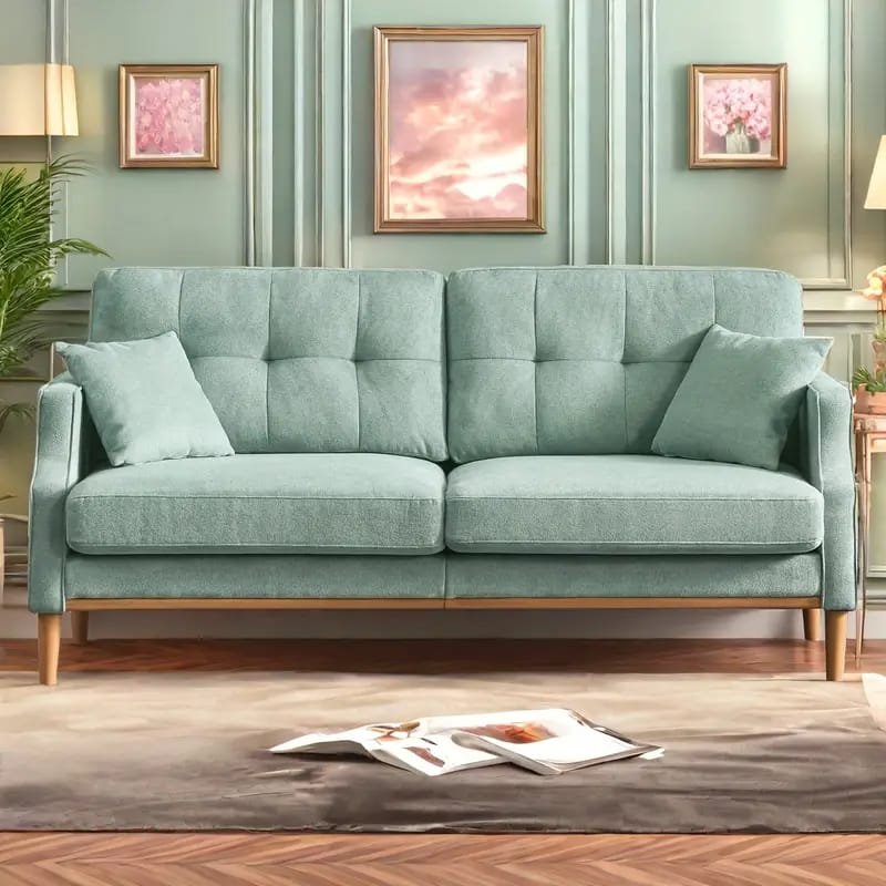 1pc ROORUNS Modern Teddy Sofa, Metal Frame, 93.70" Long Couch with 2 Pillows, 3 Seating Capacity for Apartment, Office, Living Room