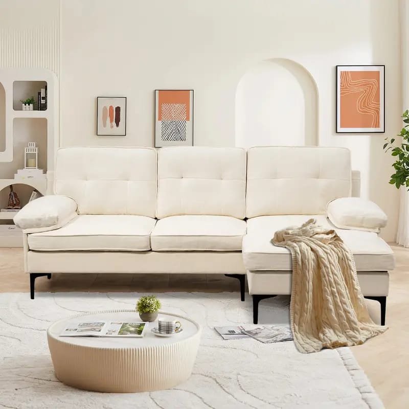 1pc ROORUNS Modern Teddy Sofa, Metal Frame, 93.70" Long Couch with 2 Pillows, 3 Seating Capacity for Apartment, Office, Living Room