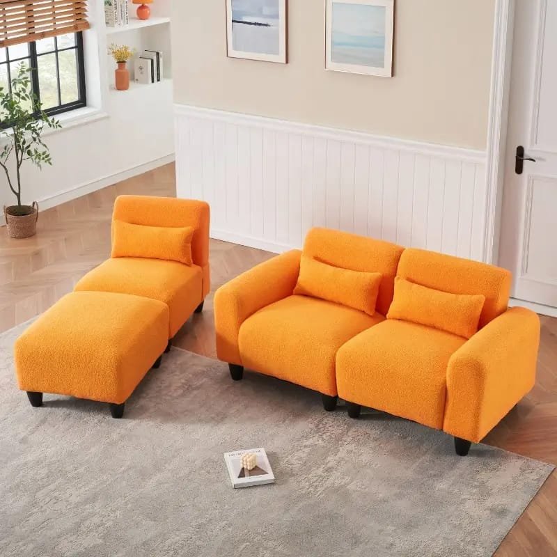 1pc ROORUNS Modern Teddy Sofa, Metal Frame, 93.70" Long Couch with 2 Pillows, 3 Seating Capacity for Apartment, Office, Living Room