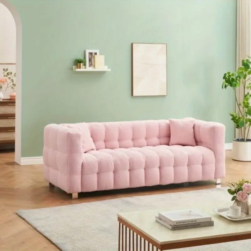 1pc ROORUNS Modern Teddy Sofa, Metal Frame, 93.70" Long Couch with 2 Pillows, 3 Seating Capacity for Apartment, Office, Living Room