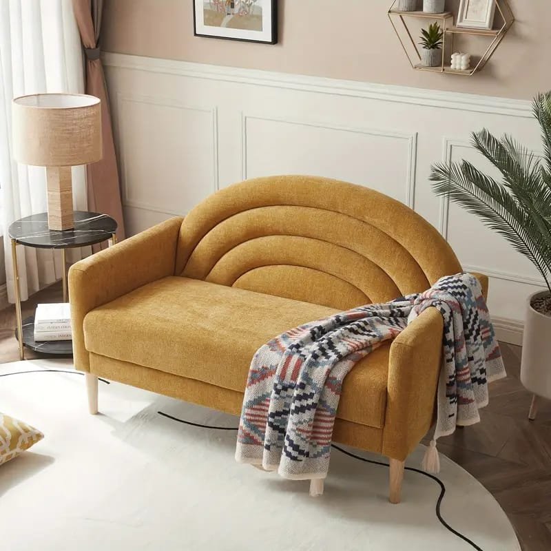 1pc ROORUNS Modern Yellow Fabric Teddy Sofa, Metal Frame, 93.70" Long Couch with 2 Pillows, 3 Seating Capacity for Apartment, Office, Living Room