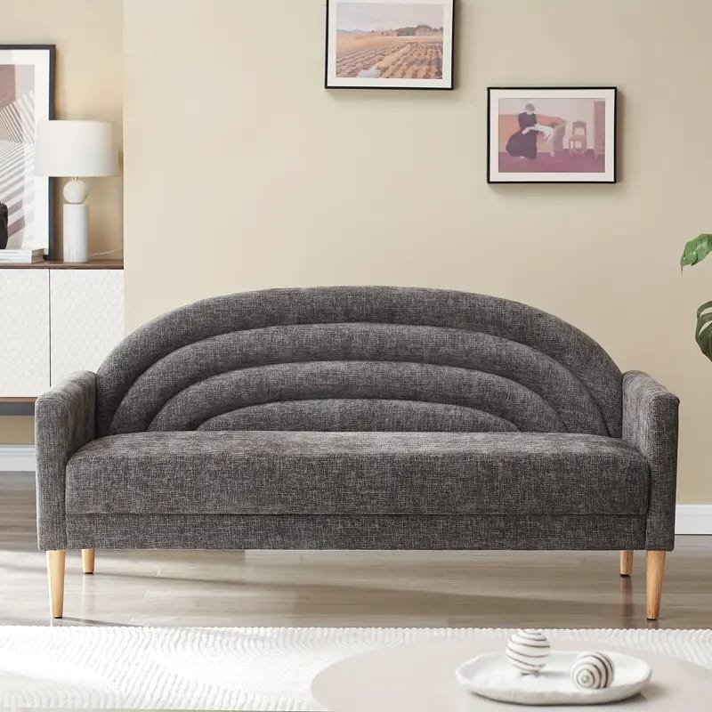 1pc ROORUNS Modern Yellow Fabric Teddy Sofa, Metal Frame, 93.70" Long Couch with 2 Pillows, 3 Seating Capacity for Apartment, Office, Living Room