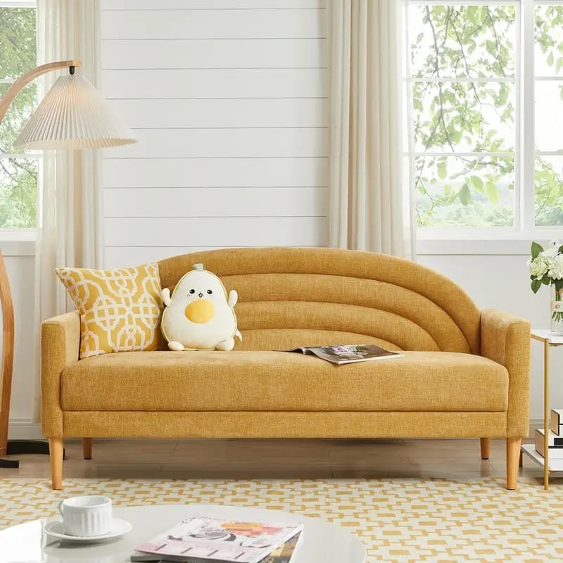 1pc ROORUNS Modern Yellow Fabric Teddy Sofa, Metal Frame, 93.70" Long Couch with 2 Pillows, 3 Seating Capacity for Apartment, Office, Living Room