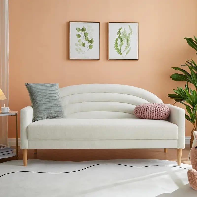 1pc ROORUNS Modern Yellow Fabric Teddy Sofa, Metal Frame, 93.70" Long Couch with 2 Pillows, 3 Seating Capacity for Apartment, Office, Living Room
