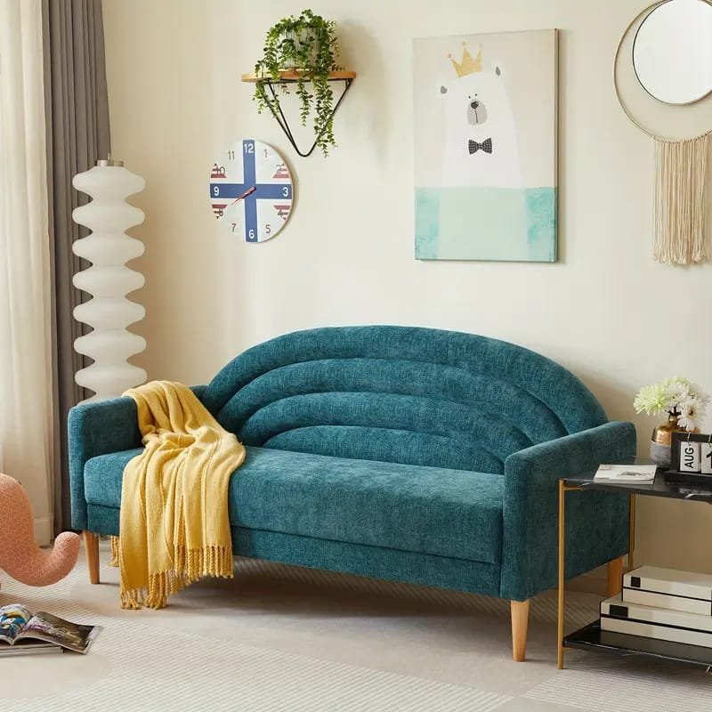 1pc ROORUNS Modern Yellow Fabric Teddy Sofa, Metal Frame, 93.70" Long Couch with 2 Pillows, 3 Seating Capacity for Apartment, Office, Living Room