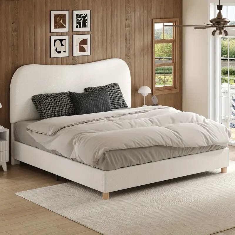 Jocisland Boucle Bed Frames, Upholstered Platform Bed with Curved Shaped Headboard, Soft Rounded Corners, Cream