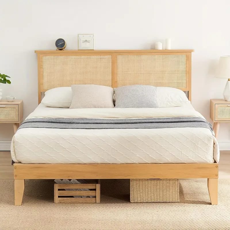 Jocisland Boucle Bed Frames, Upholstered Platform Bed with Curved Shaped Headboard, Soft Rounded Corners, Cream