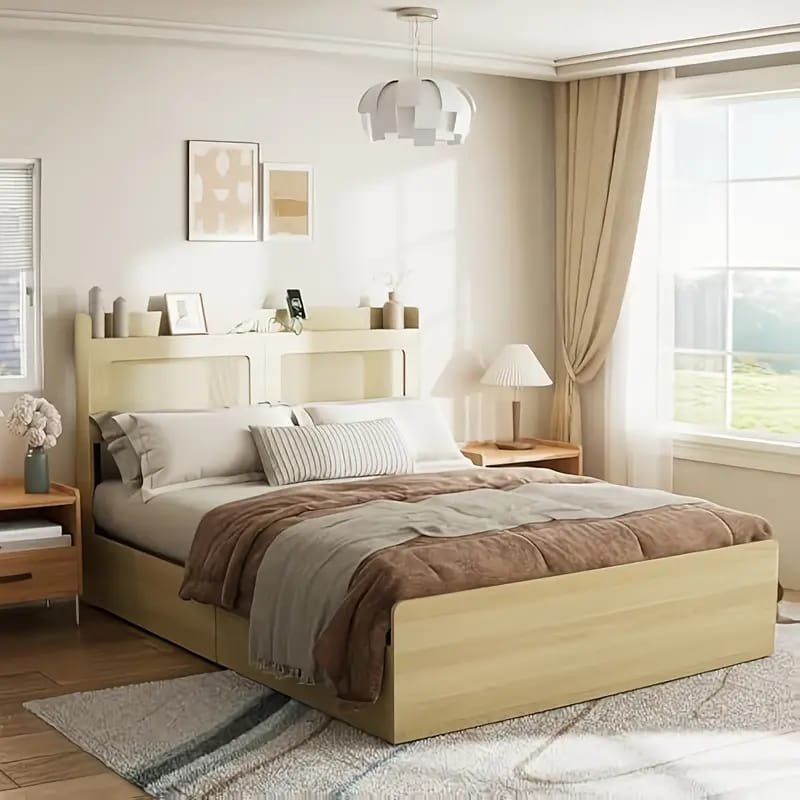 Jocisland Boucle Bed Frames, Upholstered Platform Bed with Curved Shaped Headboard, Soft Rounded Corners, Cream