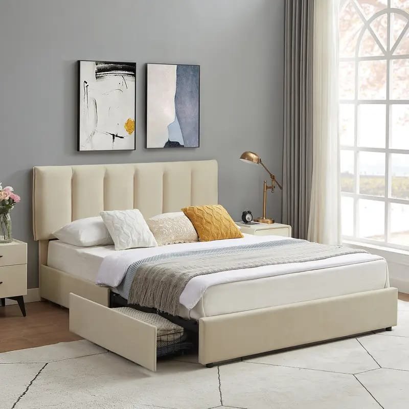 Jocisland Boucle Bed Frames, Upholstered Platform Bed with Curved Shaped Headboard, Soft Rounded Corners, Cream