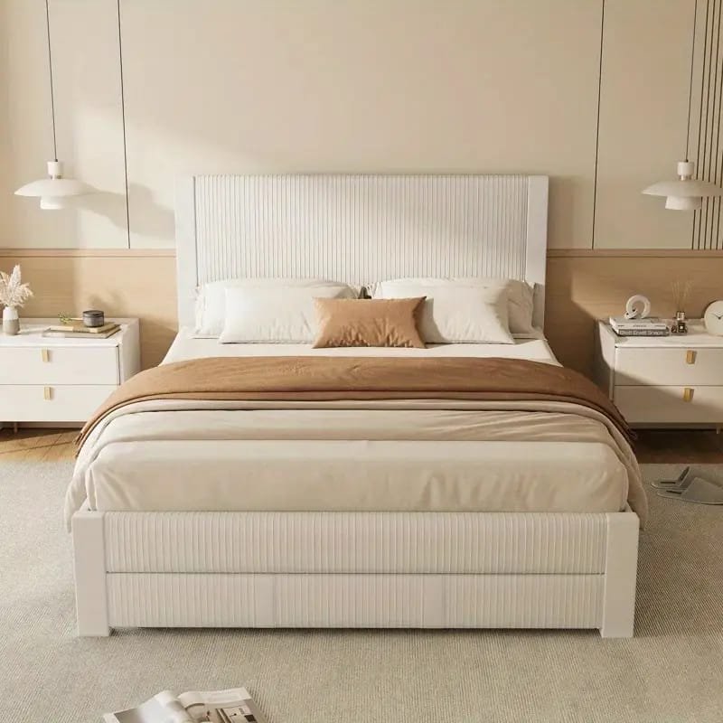 Jocisland Boucle Bed Frames, Upholstered Platform Bed with Curved Shaped Headboard, Soft Rounded Corners, Cream