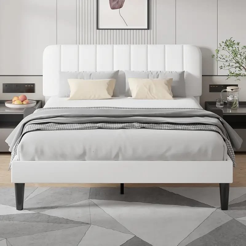 Jocisland Boucle Bed Frames, Upholstered Platform Bed with Curved Shaped Headboard, Soft Rounded Corners, Cream