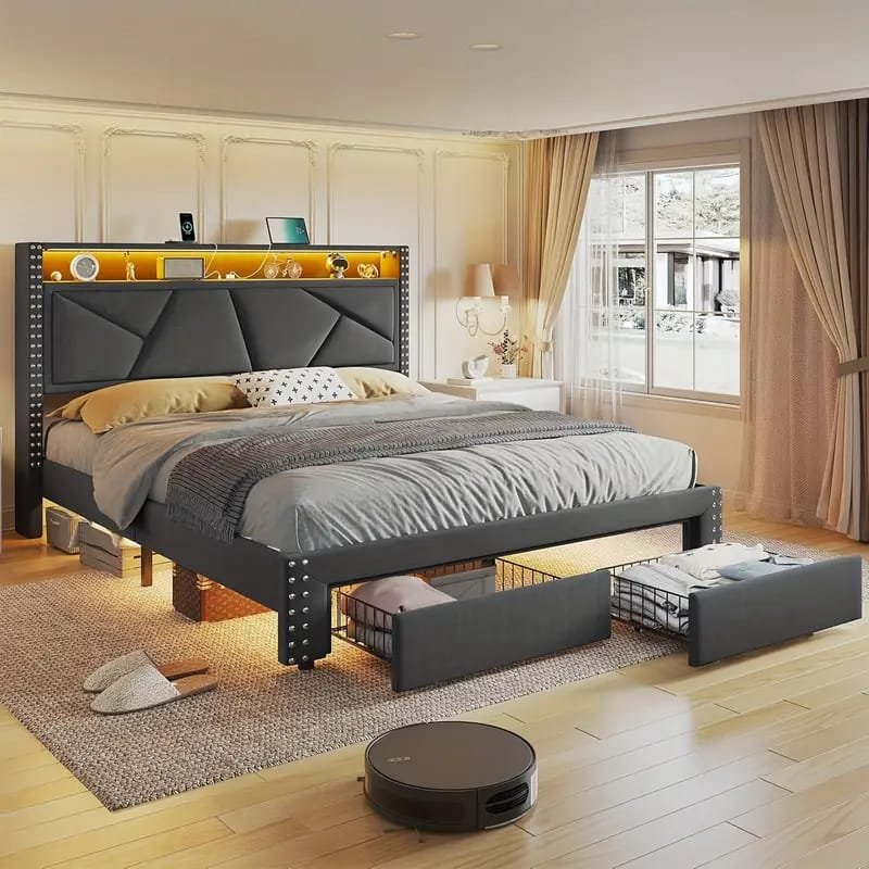 Jocisland Boucle Bed Frames, Upholstered Platform Bed with Curved Shaped Headboard, Soft Rounded Corners, Cream