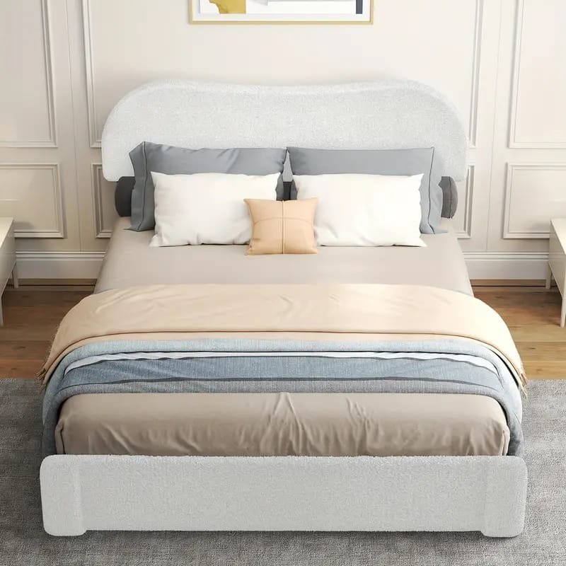 Jocisland Boucle Bed Frames, Upholstered Platform Bed with Curved Shaped Headboard, Soft Rounded Corners, Cream