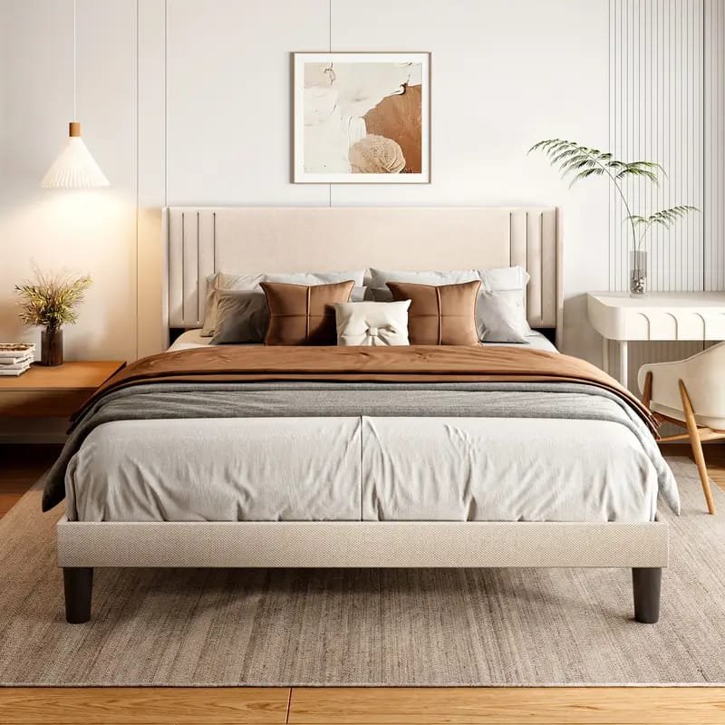 Jocisland Boucle Bed Frames, Upholstered Platform Bed with Curved Shaped Headboard, Soft Rounded Corners, Cream