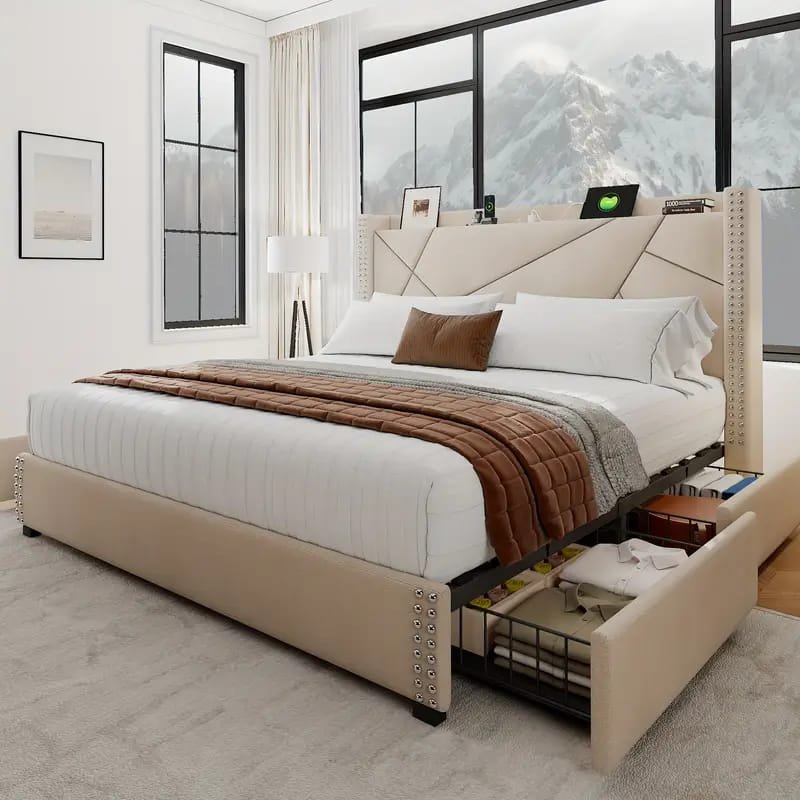 Jocisland Boucle Bed Frames, Upholstered Platform Bed with Curved Shaped Headboard, Soft Rounded Corners, Cream