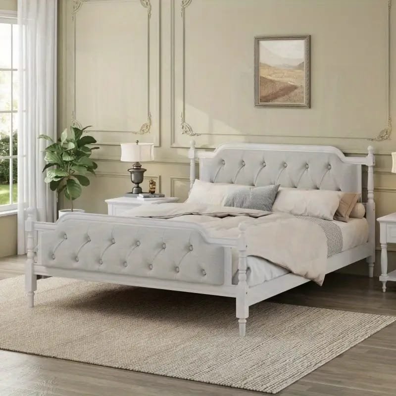 Jocisland Boucle Bed Frames, Upholstered Platform Bed with Curved Shaped Headboard, Soft Rounded Corners, Cream