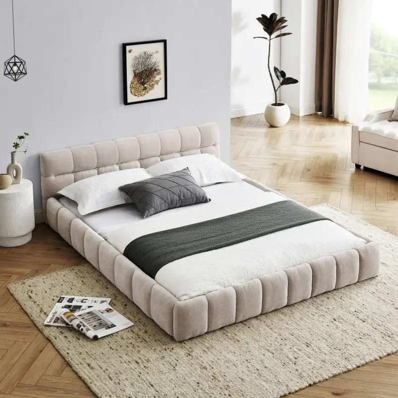Jocisland Boucle Bed Frames, Upholstered Platform Bed with Curved Shaped Headboard, Soft Rounded Corners, Cream