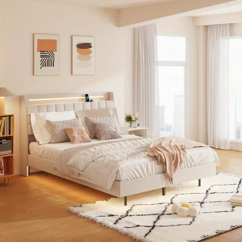 Jocisland Boucle Bed Frames, Upholstered Platform Bed with Curved Shaped Headboard, Soft Rounded Corners, Cream