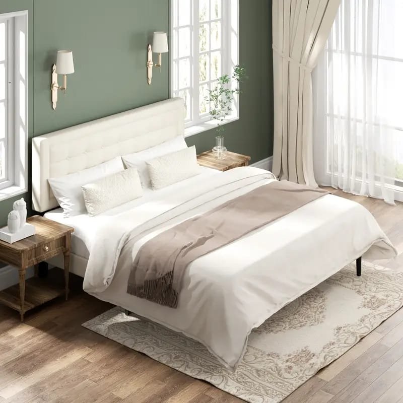 Jocisland Boucle Bed Frames, Upholstered Platform Bed with Curved Shaped Headboard, Soft Rounded Corners, Cream