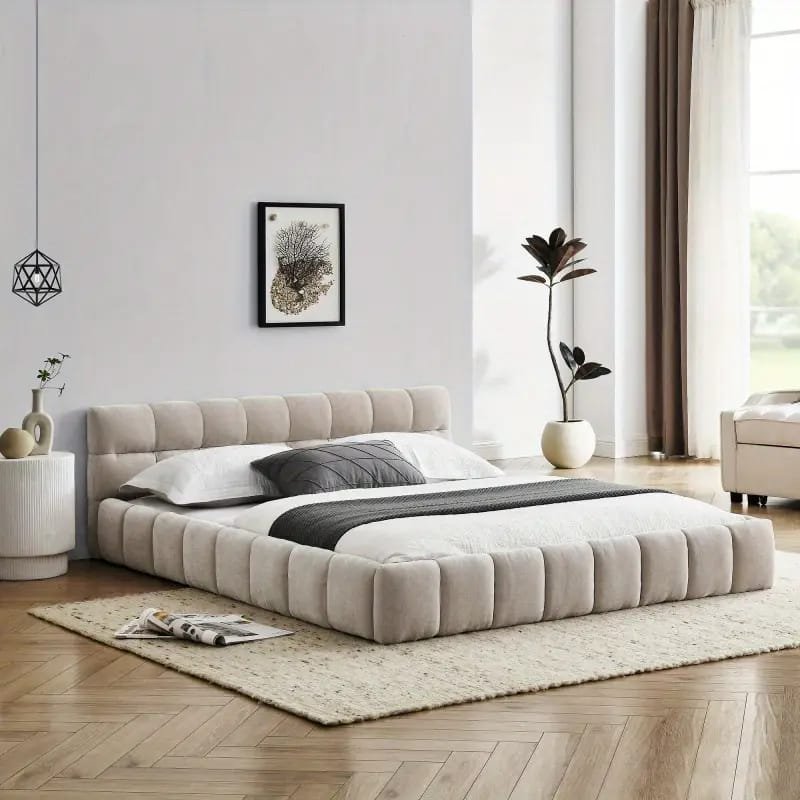 Jocisland Boucle Bed Frames, Upholstered Platform Bed with Curved Shaped Headboard, Soft Rounded Corners, Cream