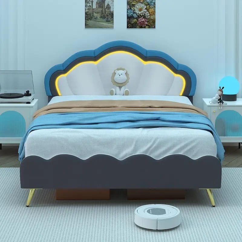 Jocisland Boucle Bed Frames, Upholstered Platform Bed with Curved Shaped Headboard, Soft Rounded Corners, Cream