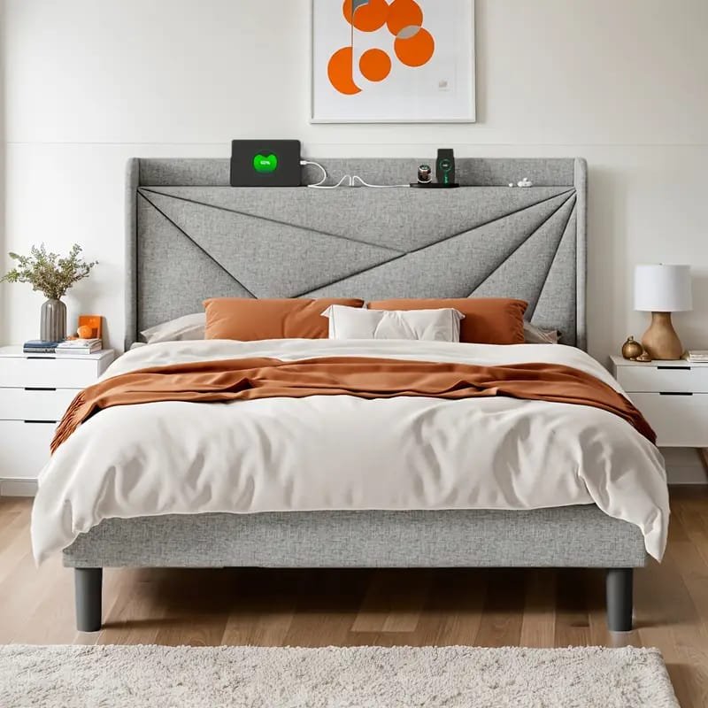 Jocisland Boucle Bed Frames, Upholstered Platform Bed with Curved Shaped Headboard, Soft Rounded Corners, Cream
