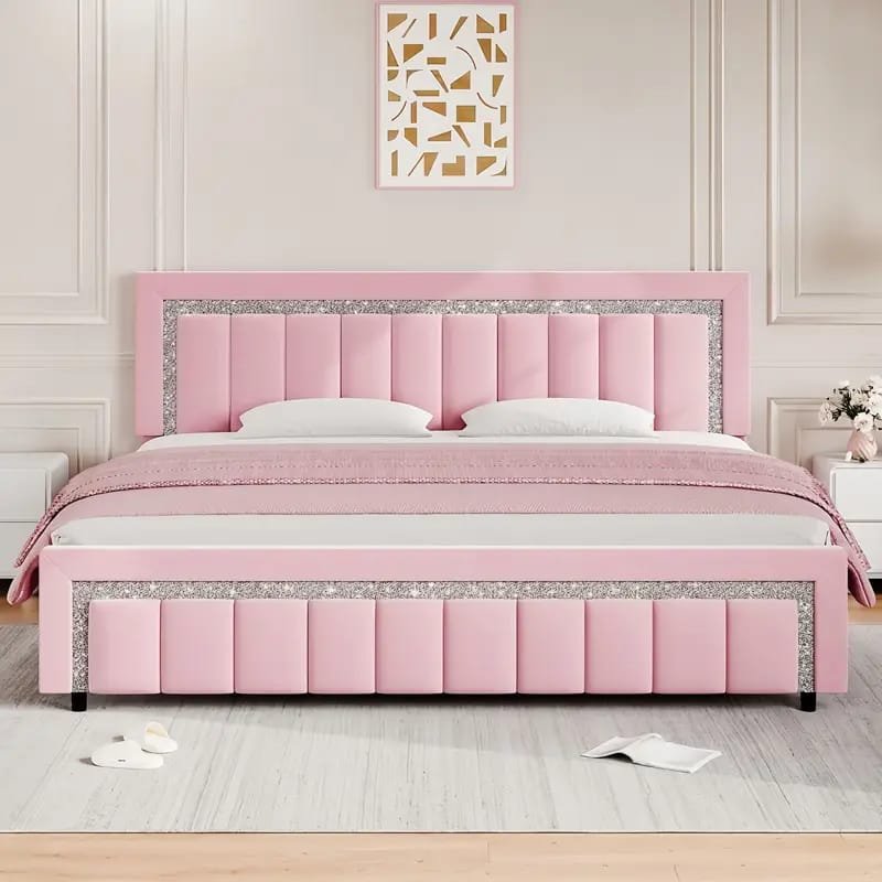 Jocisland Boucle Bed Frames, Upholstered Platform Bed with Curved Shaped Headboard, Soft Rounded Corners, Cream
