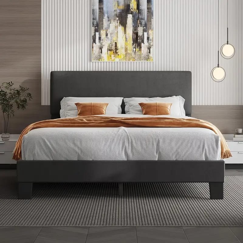 Jocisland Boucle Bed Frames, Upholstered Platform Bed with Curved Shaped Headboard, Soft Rounded Corners, Cream