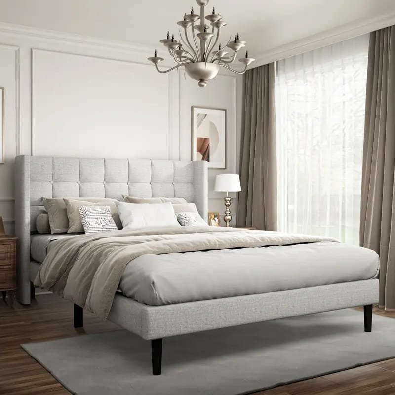 Jocisland Boucle Bed Frames, Upholstered Platform Bed with Curved Shaped Headboard, Soft Rounded Corners, Cream