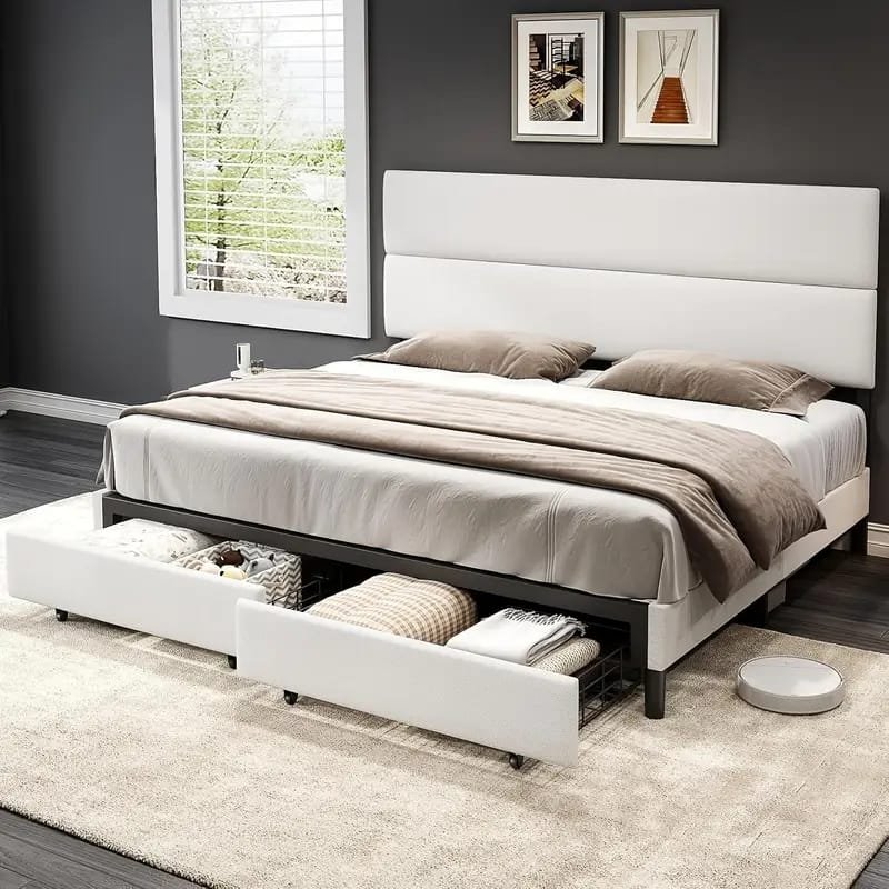 Jocisland Boucle Bed Frames, Upholstered Platform Bed with Curved Shaped Headboard, Soft Rounded Corners, Cream