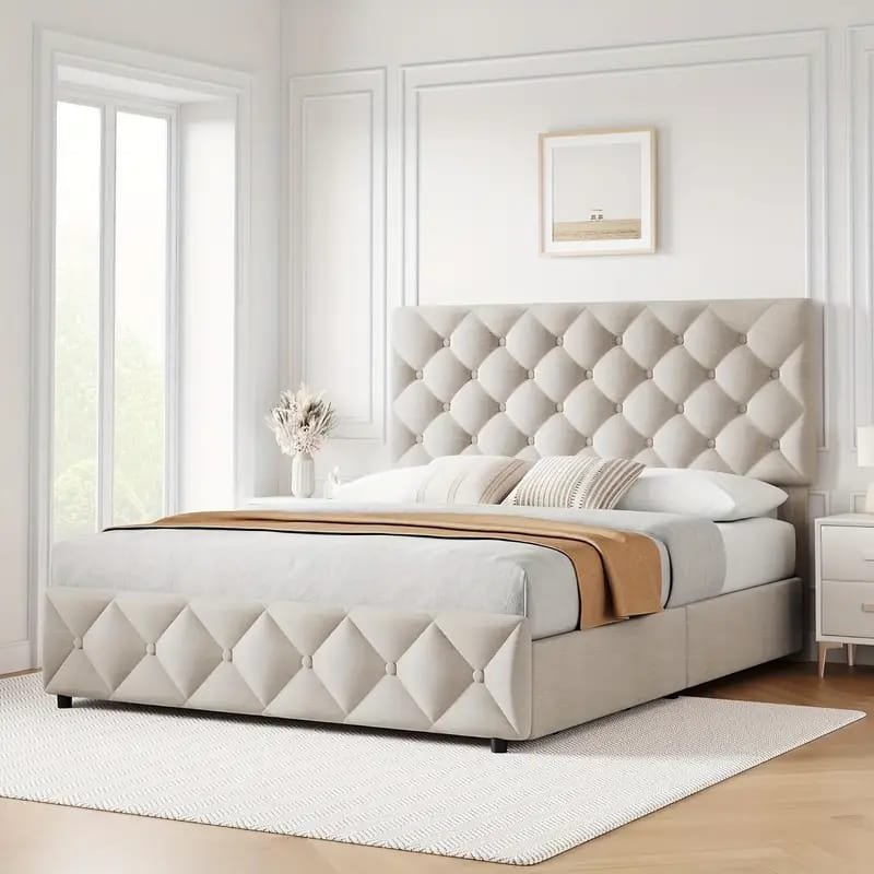 Jocisland Boucle Bed Frames, Upholstered Platform Bed with Curved Shaped Headboard, Soft Rounded Corners, Cream