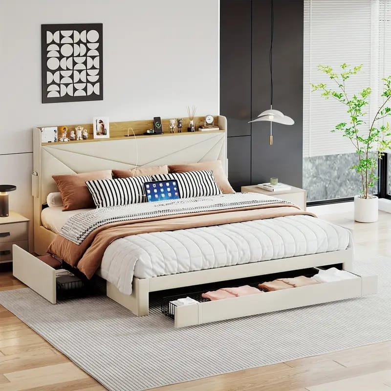 Jocisland Boucle Bed Frames, Upholstered Platform Bed with Curved Shaped Headboard, Soft Rounded Corners, Cream