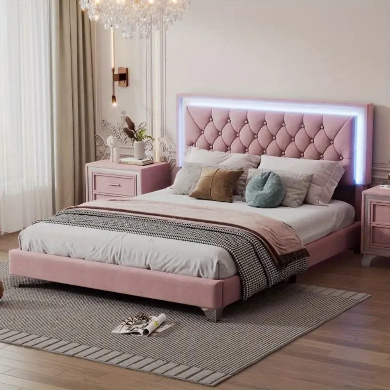 Jocisland Boucle Bed Frames, Upholstered Platform Bed with Curved Shaped Headboard, Soft Rounded Corners, Cream