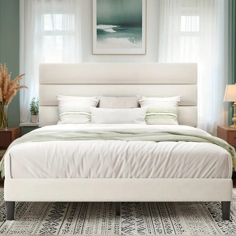 Jocisland Boucle Bed Frames, Upholstered Platform Bed with Curved Shaped Headboard, Soft Rounded Corners, Cream
