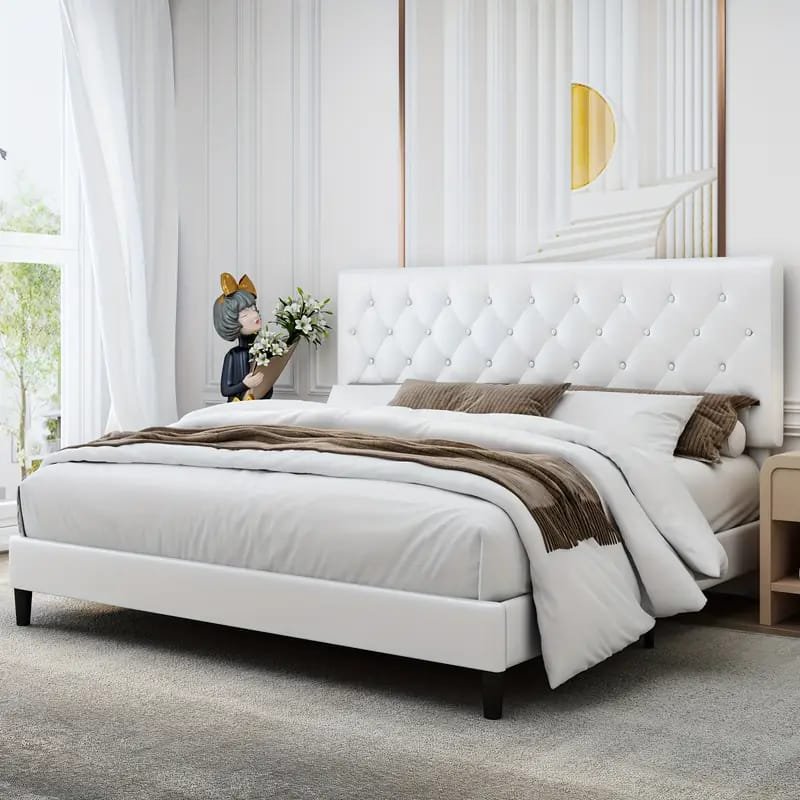 Jocisland Boucle Bed Frames, Upholstered Platform Bed with Curved Shaped Headboard, Soft Rounded Corners, Cream