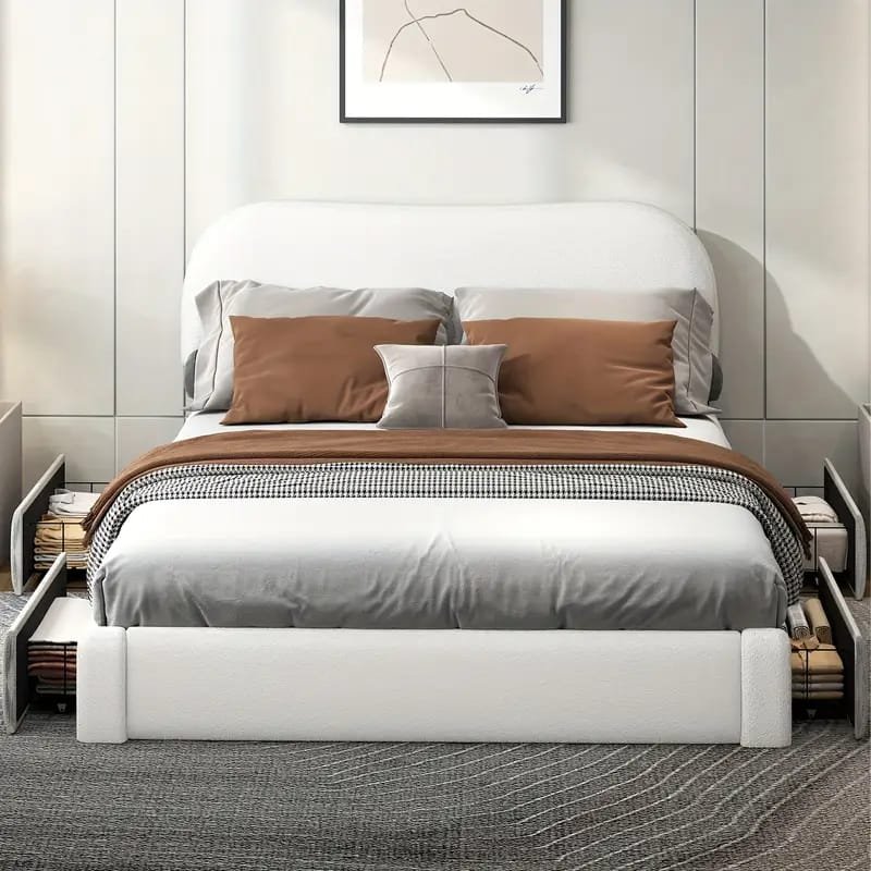 Jocisland Boucle Bed Frames, Upholstered Platform Bed with Curved Shaped Headboard, Soft Rounded Corners, Cream