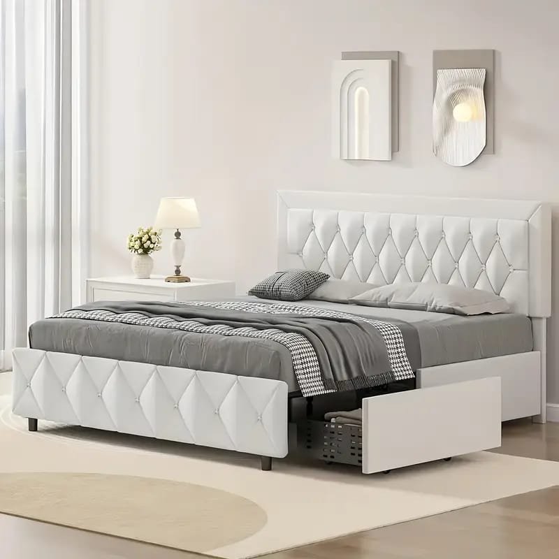 Jocisland Boucle Bed Frames, Upholstered Platform Bed with Curved Shaped Headboard, Soft Rounded Corners, Cream