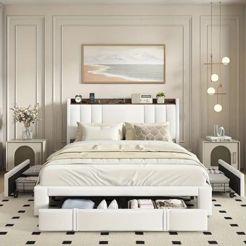 Jocisland Boucle Bed Frames, Upholstered Platform Bed with Curved Shaped Headboard, Soft Rounded Corners, Cream