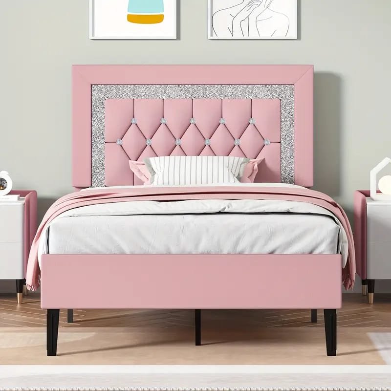 Jocisland Boucle Bed Frames, Upholstered Platform Bed with Curved Shaped Headboard, Soft Rounded Corners, Cream