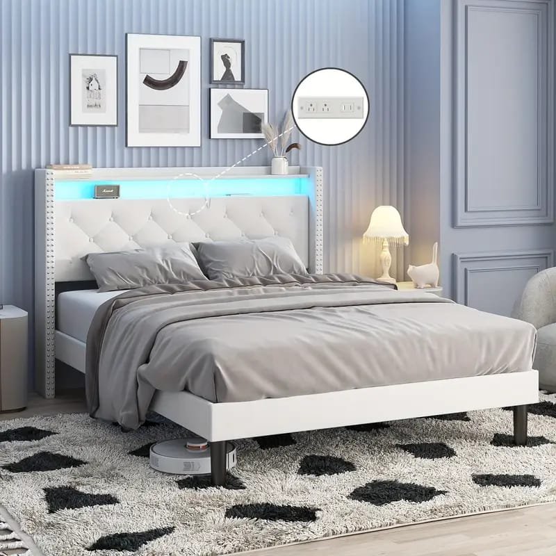Jocisland Boucle Bed Frames, Upholstered Platform Bed with Curved Shaped Headboard, Soft Rounded Corners, Cream