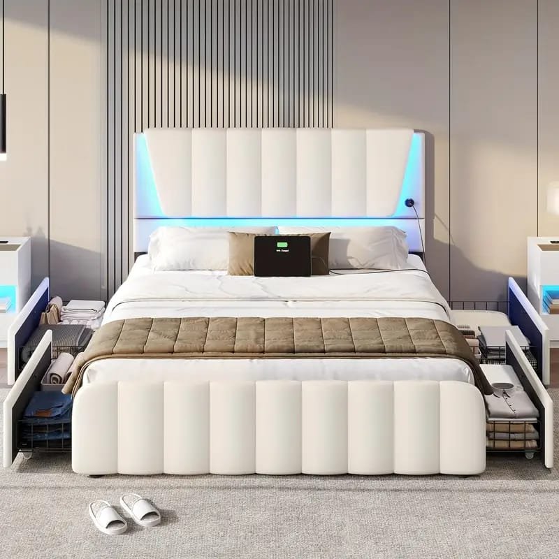 Jocisland Boucle Bed Frames, Upholstered Platform Bed with Curved Shaped Headboard, Soft Rounded Corners, Cream