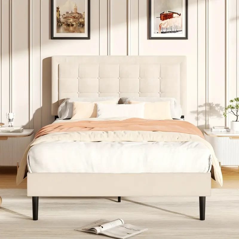 Jocisland Boucle Bed Frames, Upholstered Platform Bed with Curved Shaped Headboard, Soft Rounded Corners, Cream